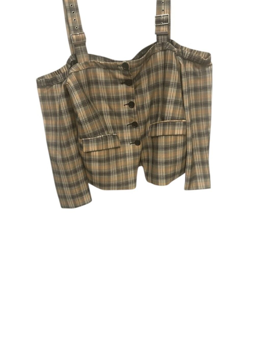 TOV Plaid Off Shoulder Corset Top Size 44 Brown Gray Statement Blouse